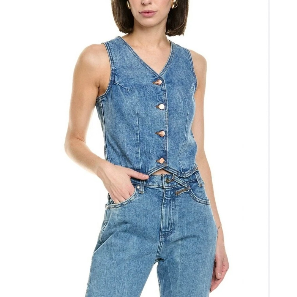 NWT Wrangler x Staud Denim Vest Medium Wash Cropped V-Neck Cotton Blue Size L